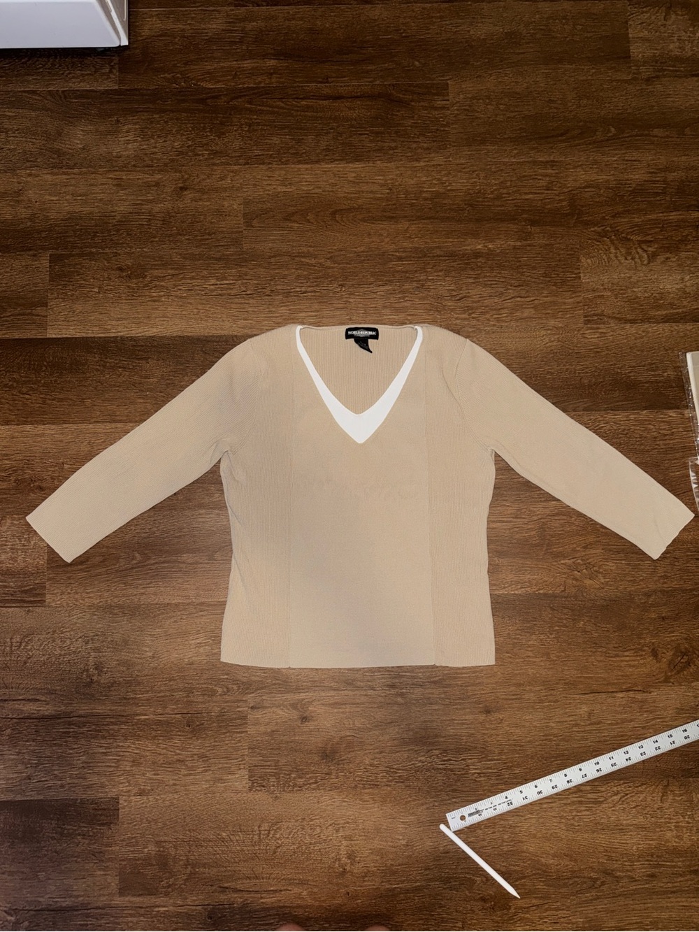 Neutral V-Neck Sweater with White Contrast Trim